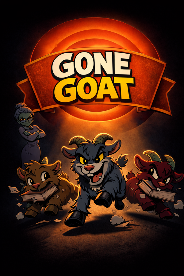 Gone Goat card game — three mischievous goats charging with stolen library books while a scowling librarian looks on